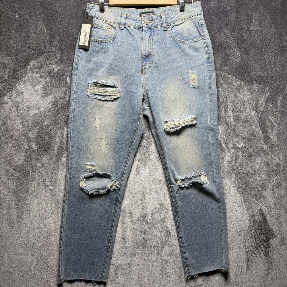 PRETTYLITTLETHING Jeans Womens 10 High Rise Light Wash Distressed Cropped